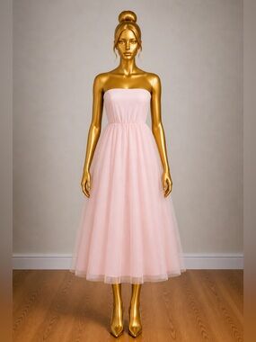 Moda Seta Italy Pink Strapless Tulle Midi Dress M Coquette Romantic